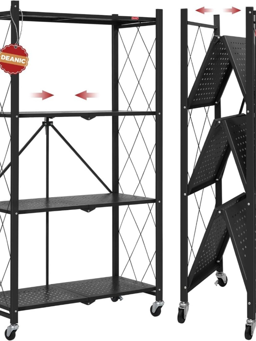 4 Tier Foldable Storage Shelves with Wheels, No Assembly Organizer Rack for Gara